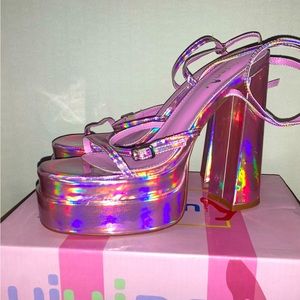 Barbie pink high heeled Vivian shoes. Glossy Pink metallic.